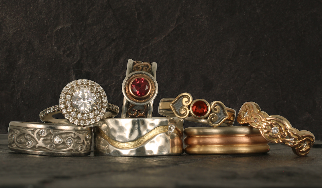 A sampling of our wedding rings and engagement rings, all handmade in our Santa Fe, New Mexico studio.